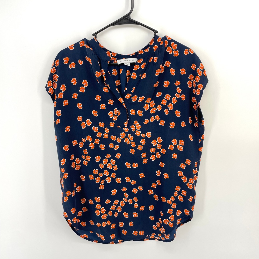 Amour Vert Women XS Navy Blue Orange Floral 100% Silk V-Neck Cap Sleeve Blouse